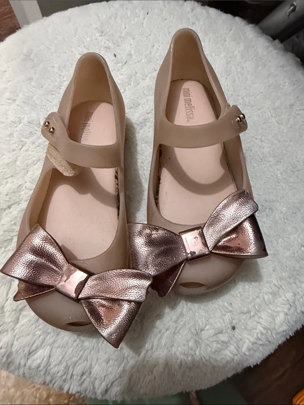Mini Melissa Nude Pink Mary Janes with Metallic Rose Bow